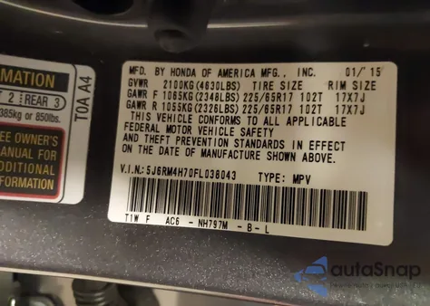 2015 Honda Cr-V Ex-L z USA, uszkodzony, nr VIN 5J6RM4H70FL038043